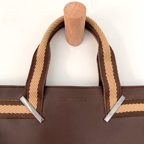 Vintage Gucci chocolate brown leather Web top handle small tote bag - Picture 8 of 16